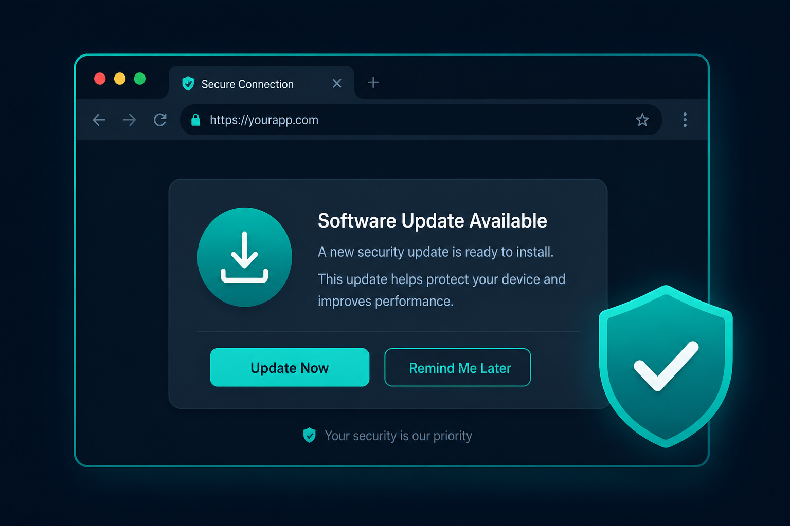 Browser showing a security software update notification with shield