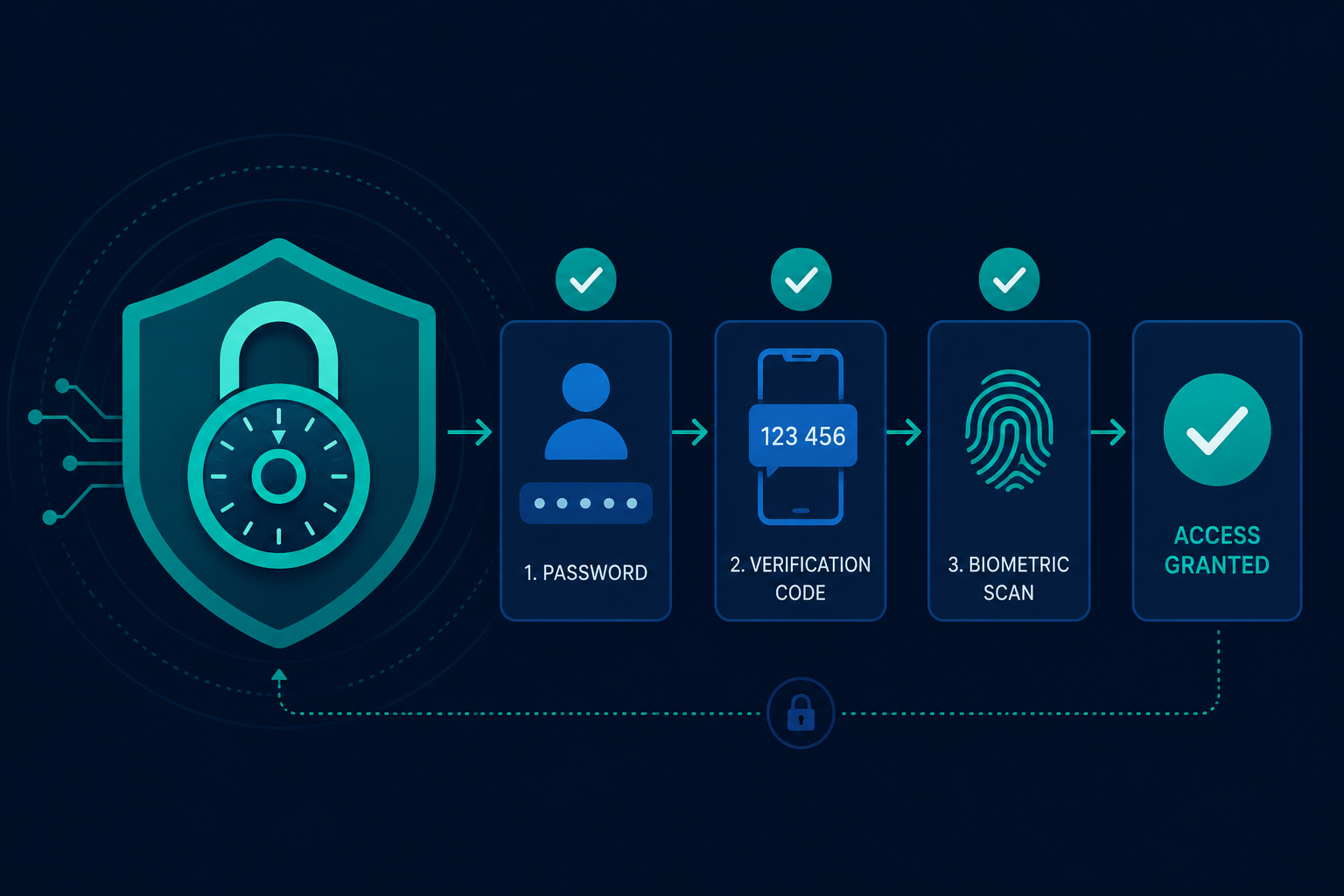 Multi-factor authentication flow: password, verification code, biometric, access granted