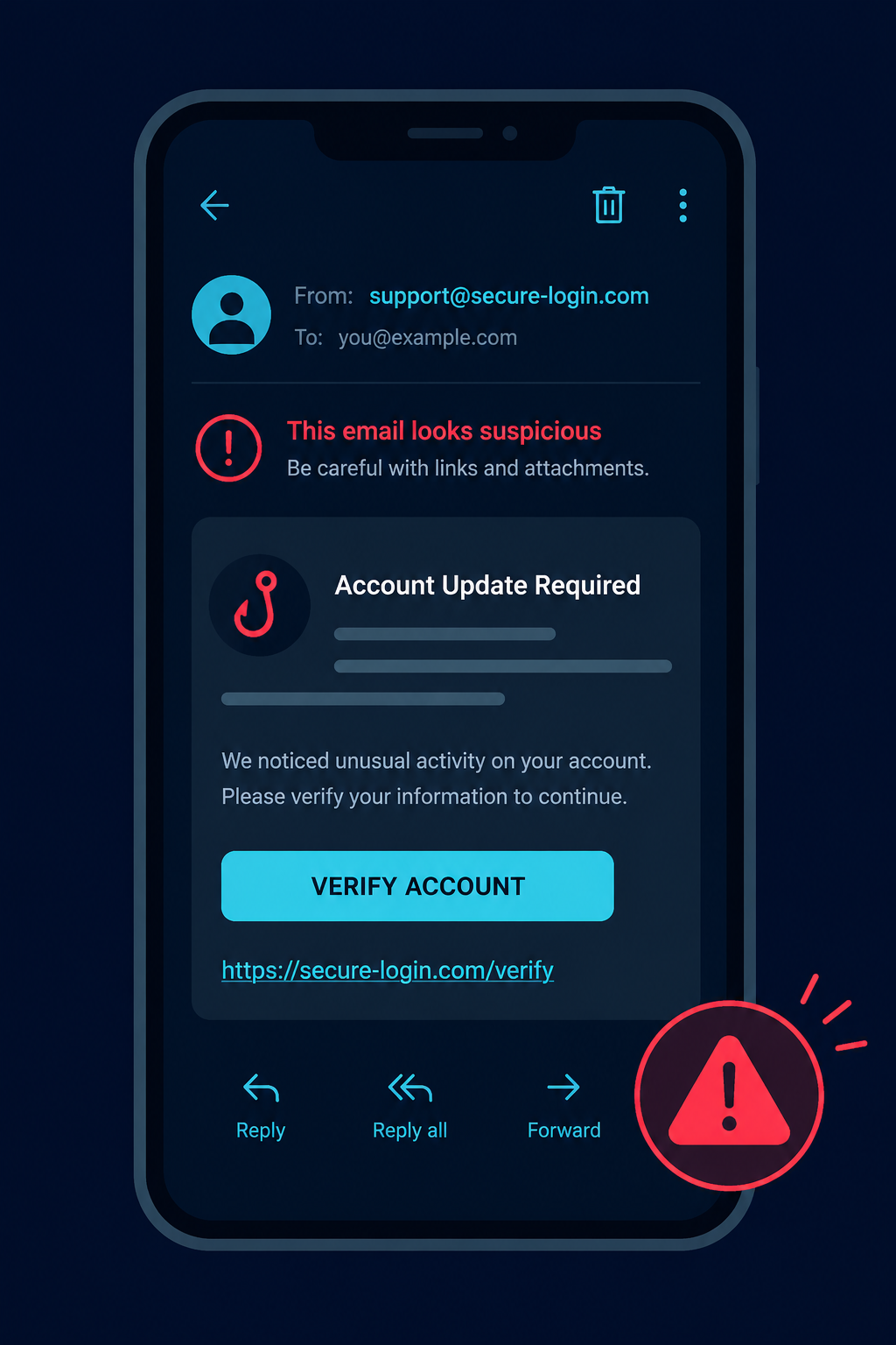 Phishing email warning on a smartphone screen