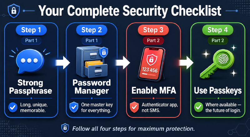 A four-step security checklist: strong passphrase, password manager, enable MFA, use passkeys
